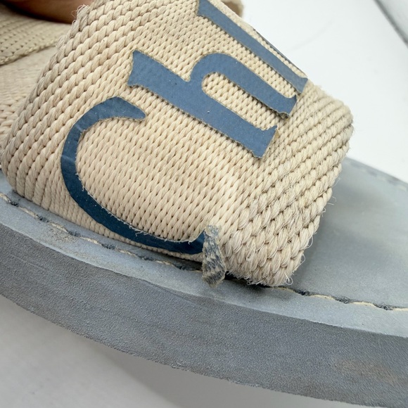 Chloé Beige Canvas Strap Blue Footbed Slide Sandals - Picture 3 of 8
